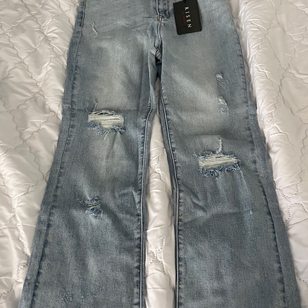 Risen Light Blue frayed hem straight leg jeans